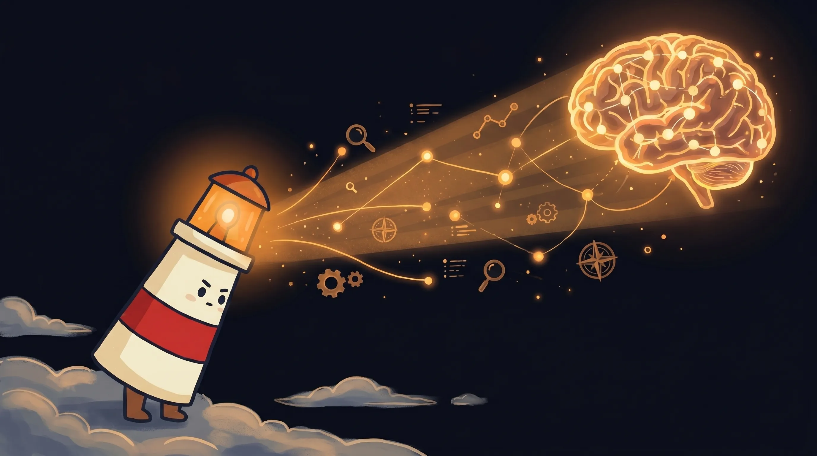 Beacon the lighthouse illuminating a glowing AI brain circuit, cream body with red stripe, amber light beaming down on a n...