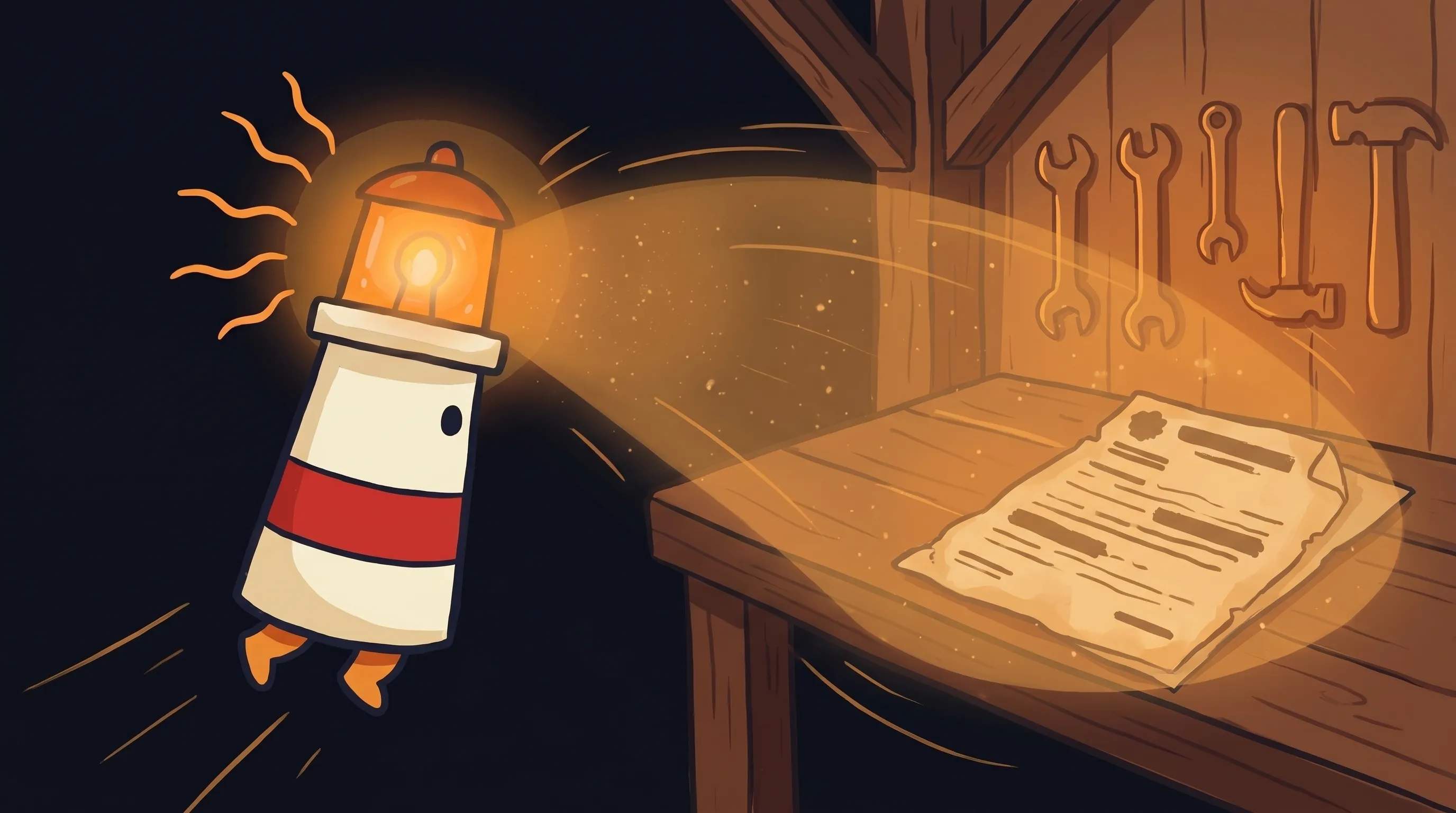 Beacon the lighthouse illuminating a government document labeled "AI Policy" on a dark navy background.