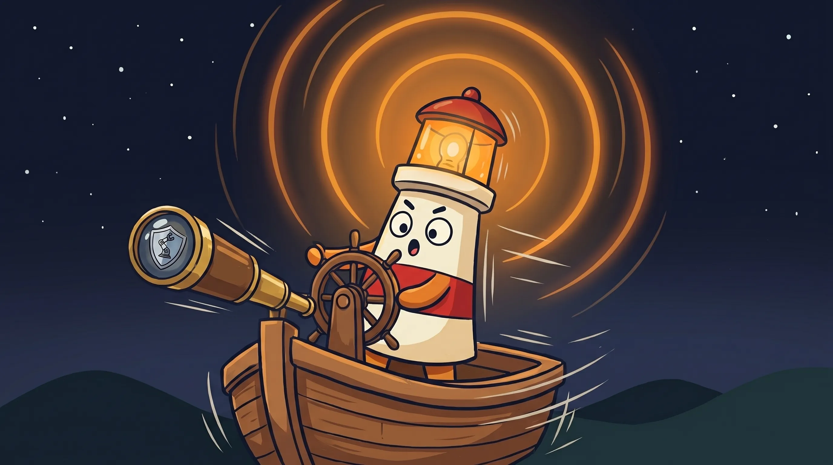 Beacon the lighthouse illuminating a glowing AI neural network, cream body with red stripe, amber light beaming on dark navy.