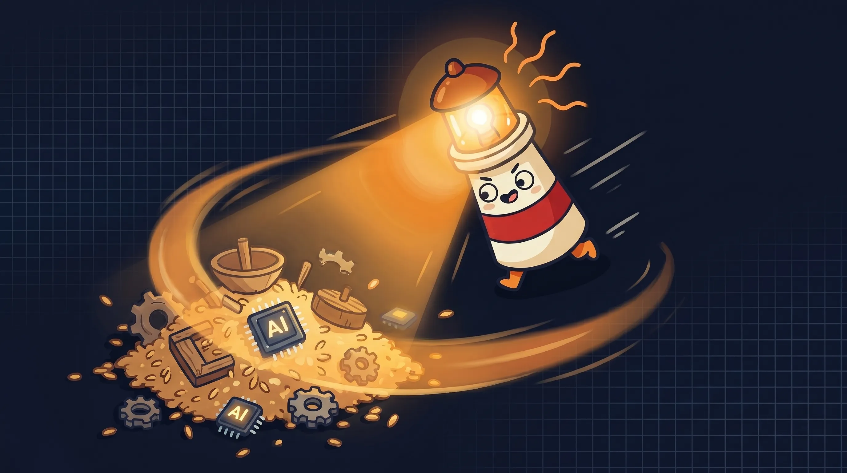 Beacon the lighthouse illuminating a golden wheat stalk, cream body with red stripe, amber glow on dark navy background.