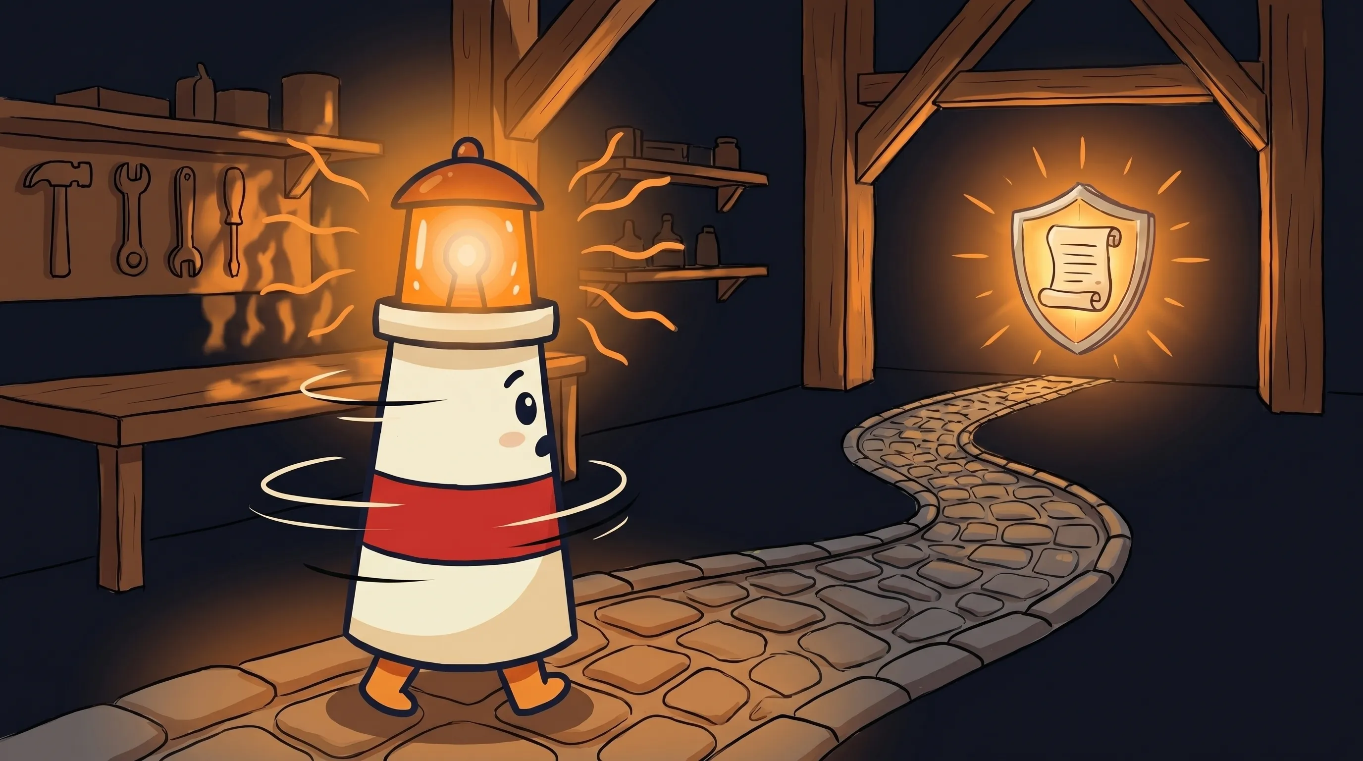 Beacon the lighthouse illuminating a government document labeled "AI Governance," amber light glowing on dark navy backgro...