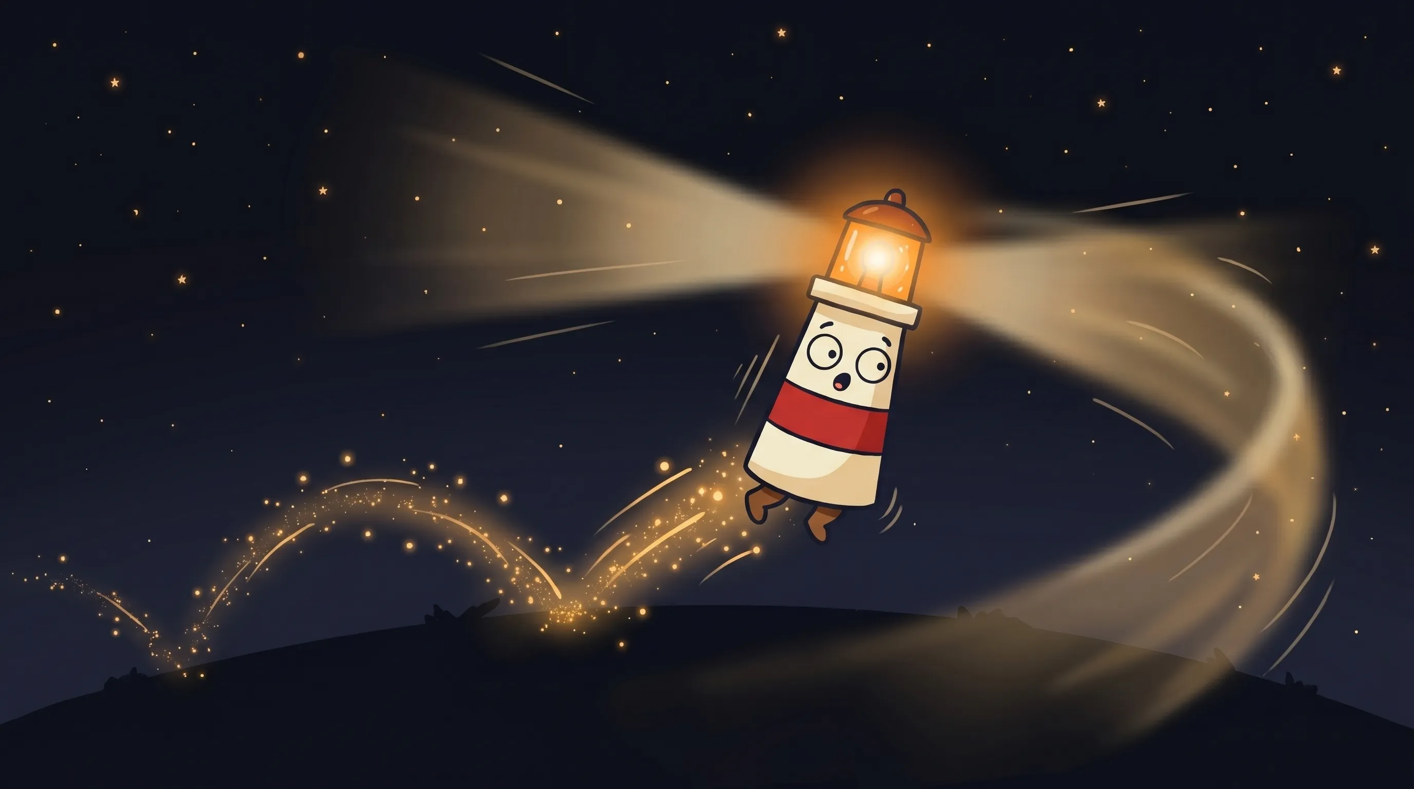 Beacon the lighthouse illuminating a conversation bubble, symbolizing AI dialogue, on a dark navy background.