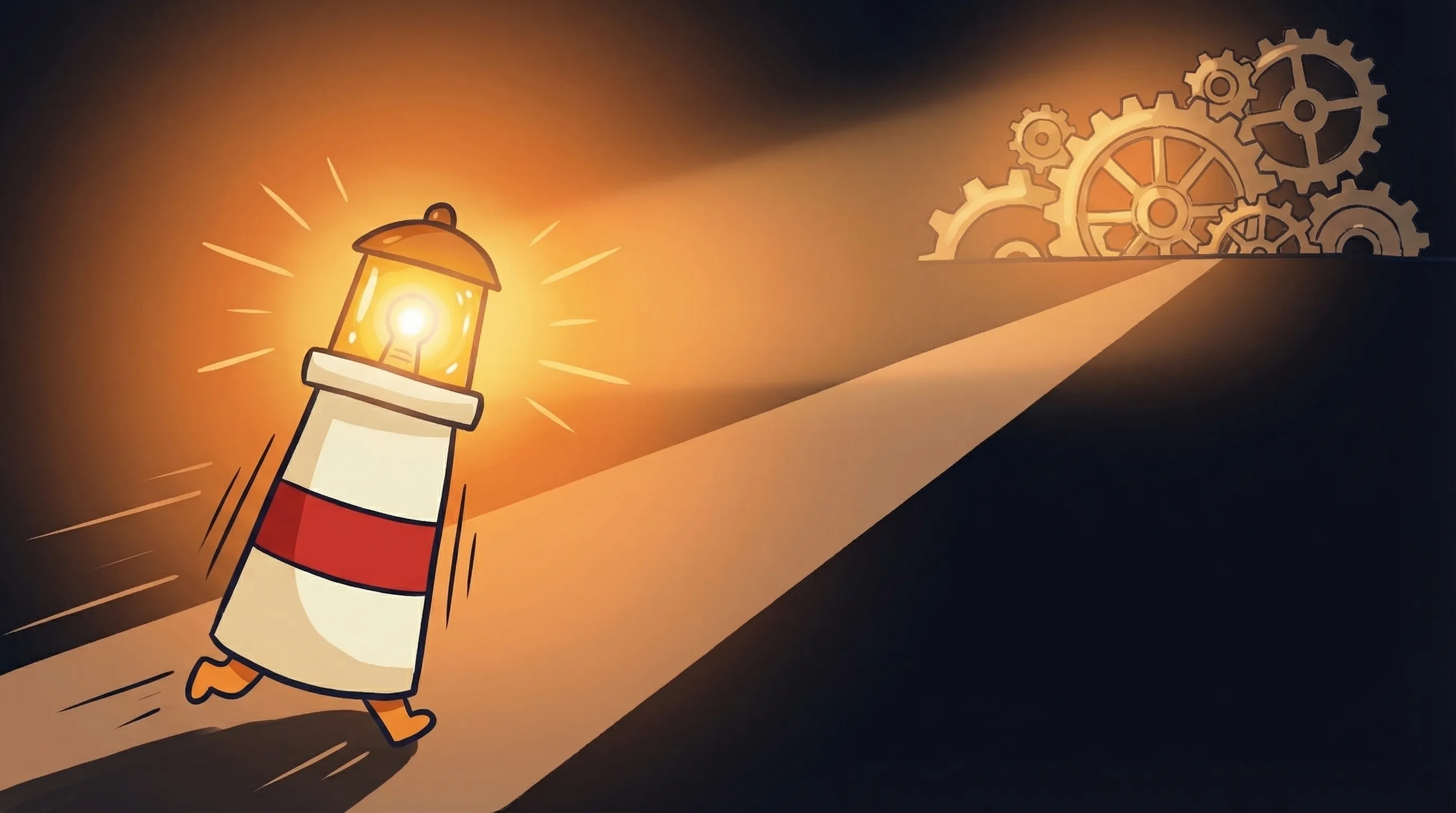 Beacon the lighthouse illuminating two connected gears labeled "AI Agent" and "Agentic AI" on a dark navy background.