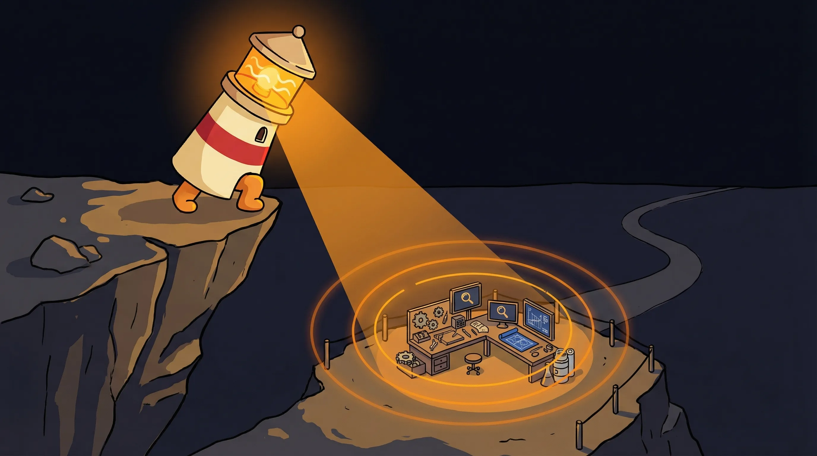 Beacon the lighthouse illuminating a laptop workspace with its amber glow on a dark navy background.