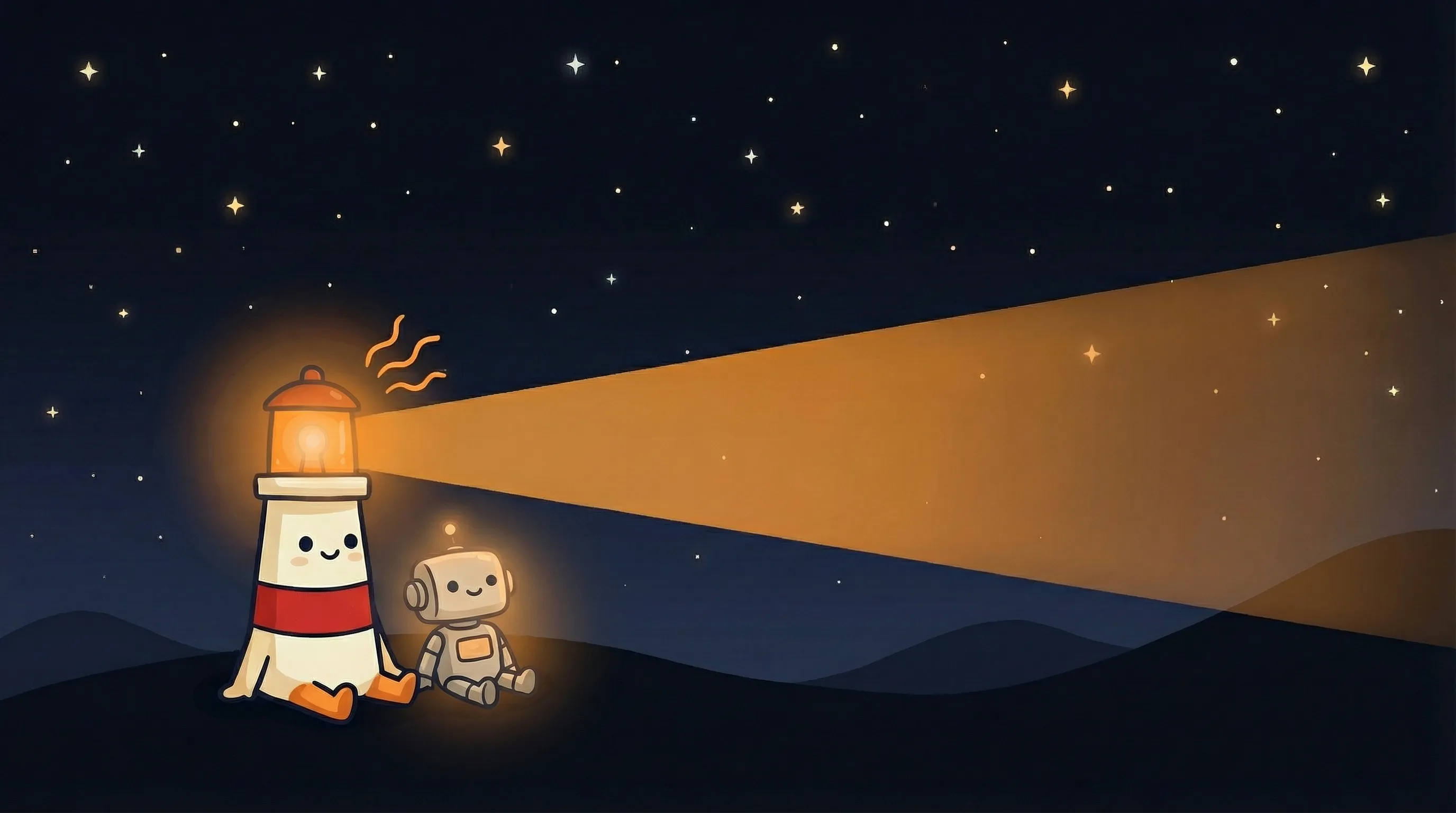 Personal AI assistant concept with Beacon the lighthouse illuminating a dark workspace.