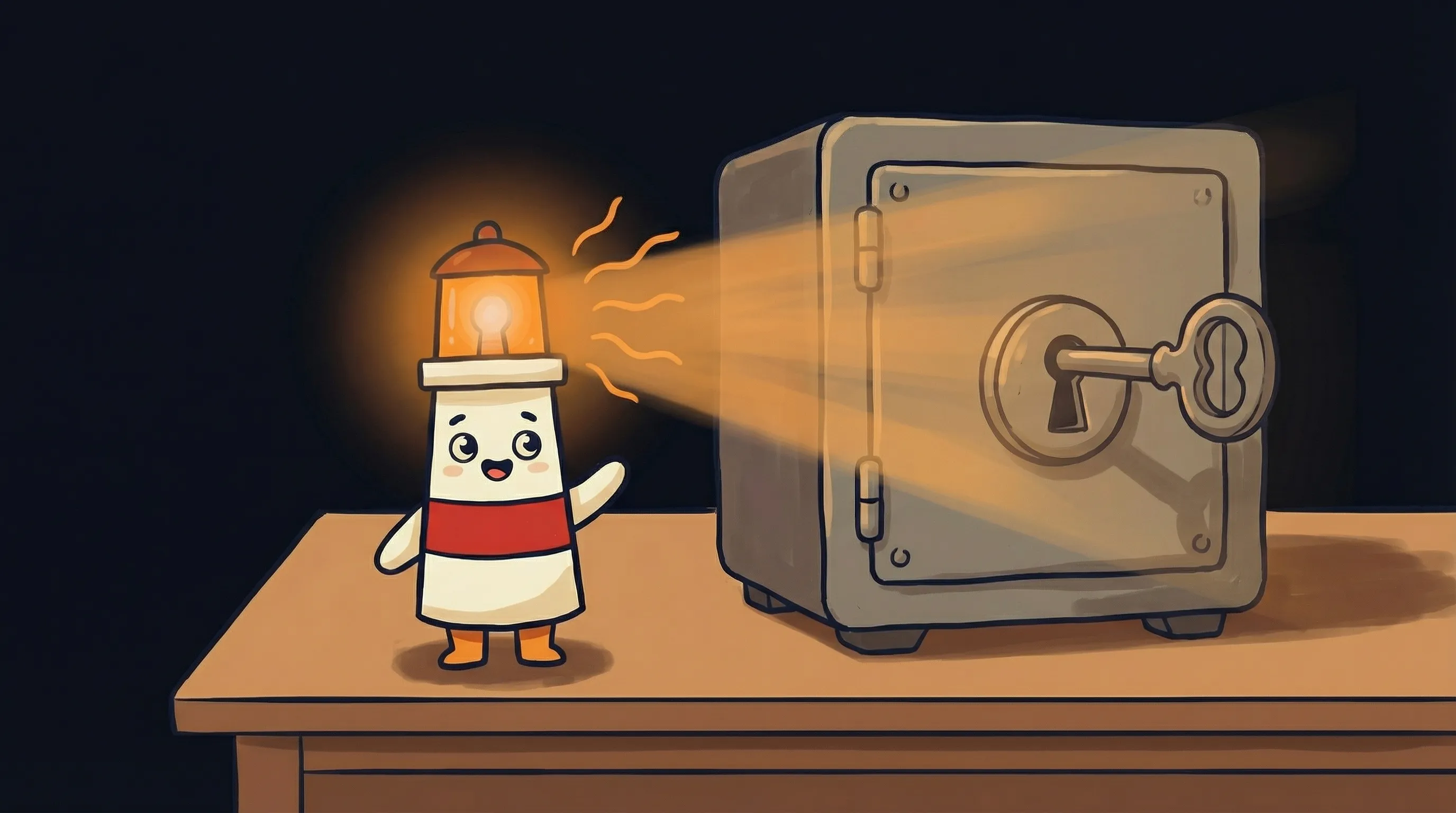 Beacon the lighthouse character shining light on a glowing credential vault, representing how autonomous AI agents securel...