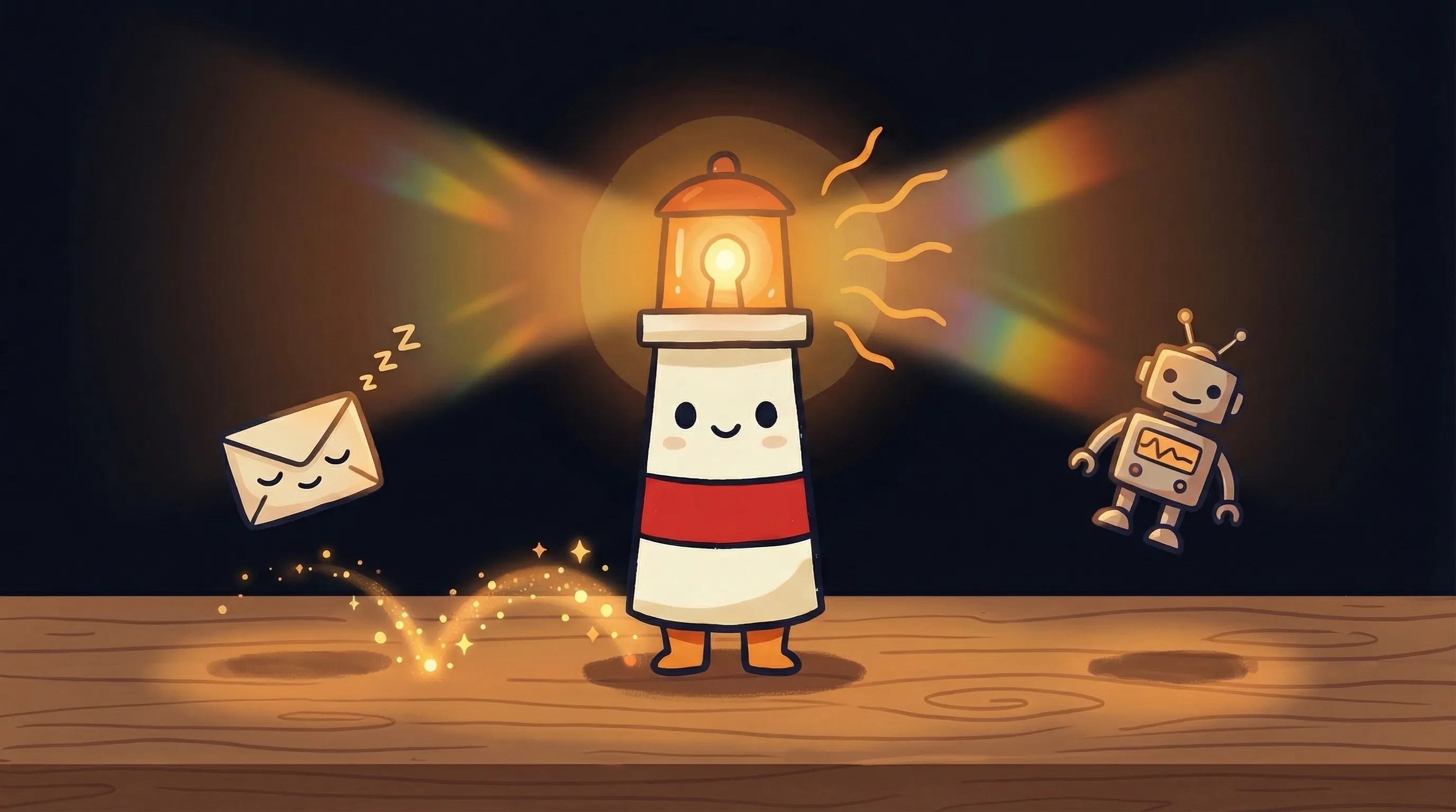 Beacon the lighthouse character shining its amber light onto a glowing email inbox on a dark navy background.