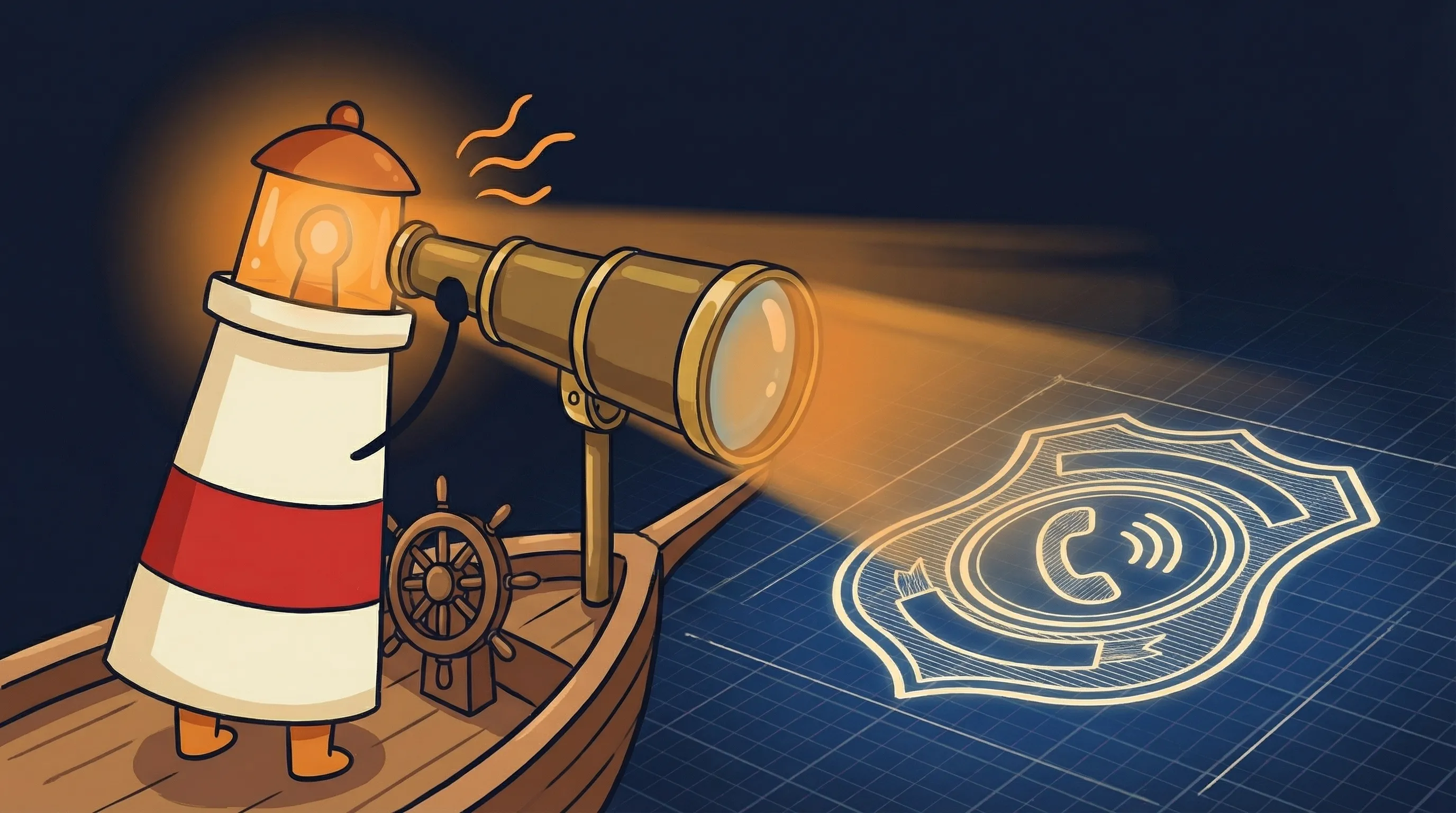 Beacon the lighthouse character shining its amber light onto a glowing smartphone displaying a phone number.
