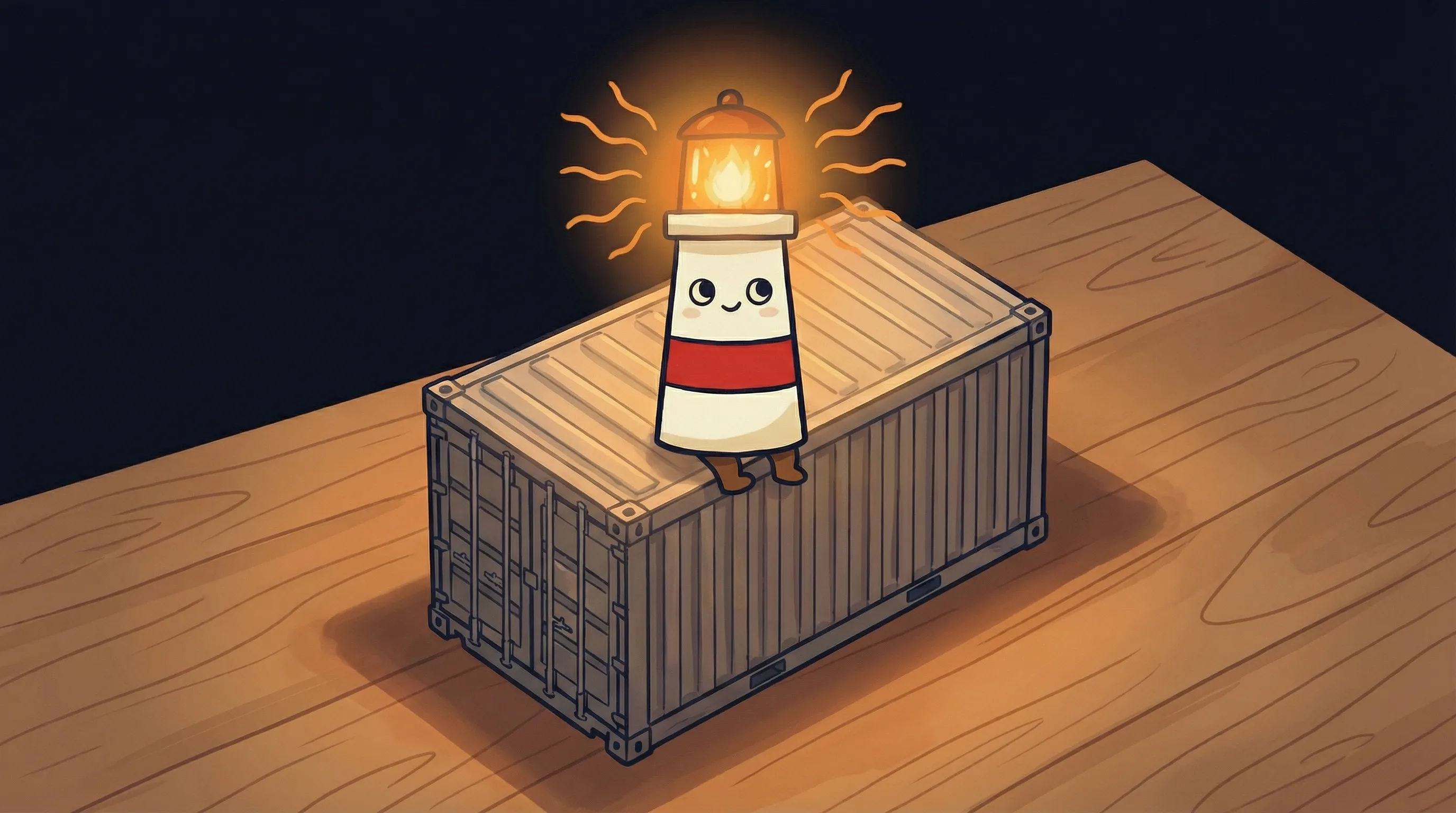 Beacon the lighthouse illuminating a locked container with a glowing beam, symbolizing secure data isolation.