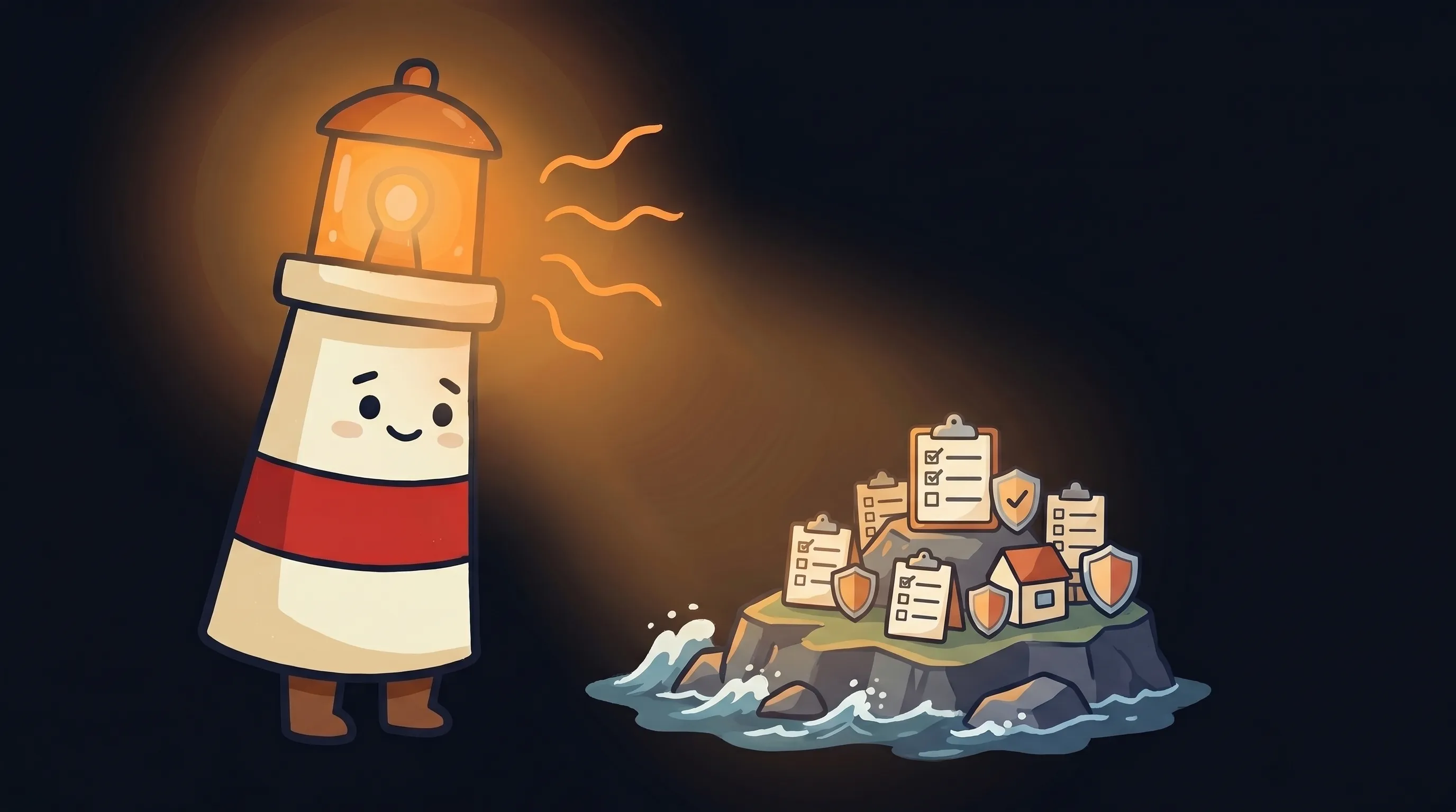Beacon the lighthouse illuminating a safety checklist, cream body with red stripe, amber glow on dark navy background.