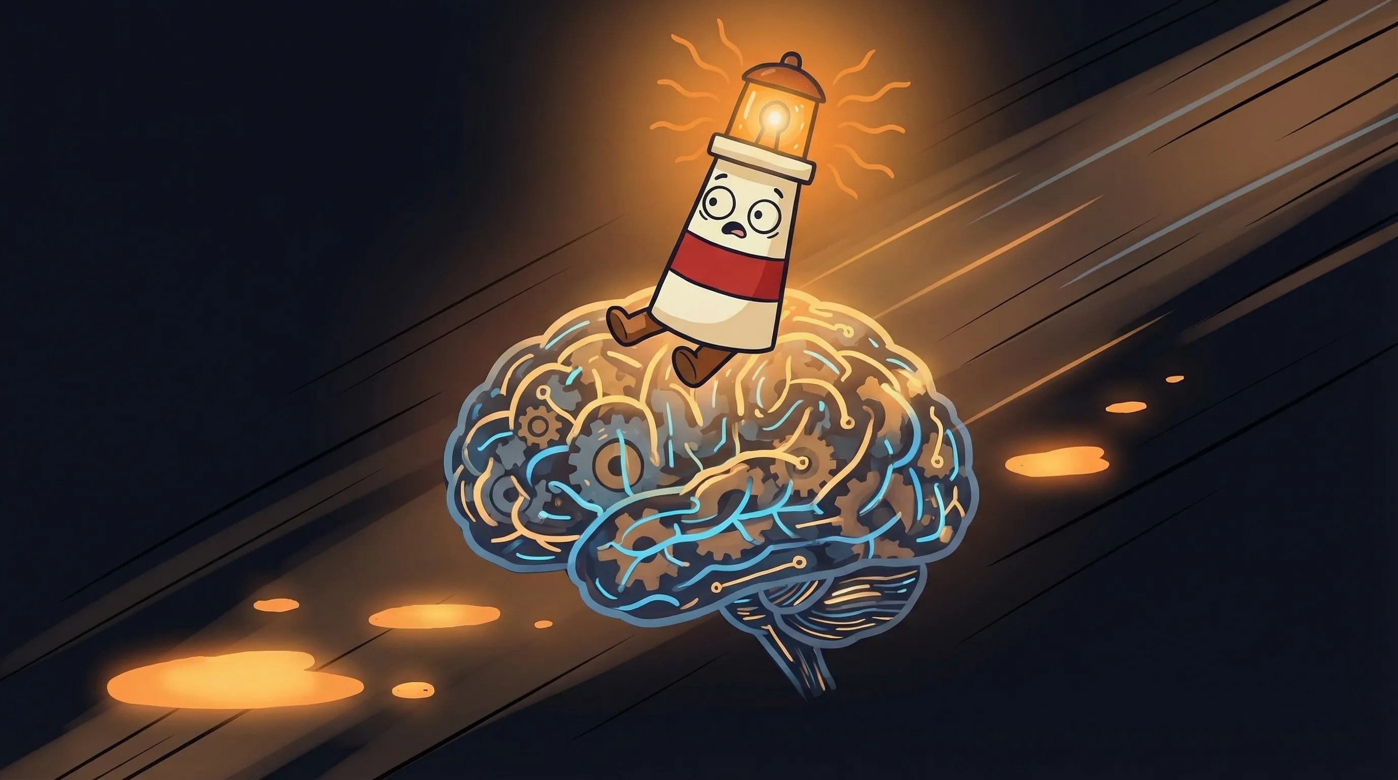 Beacon the lighthouse character shining a warm amber glow onto a small bustling office building on a dark navy background.