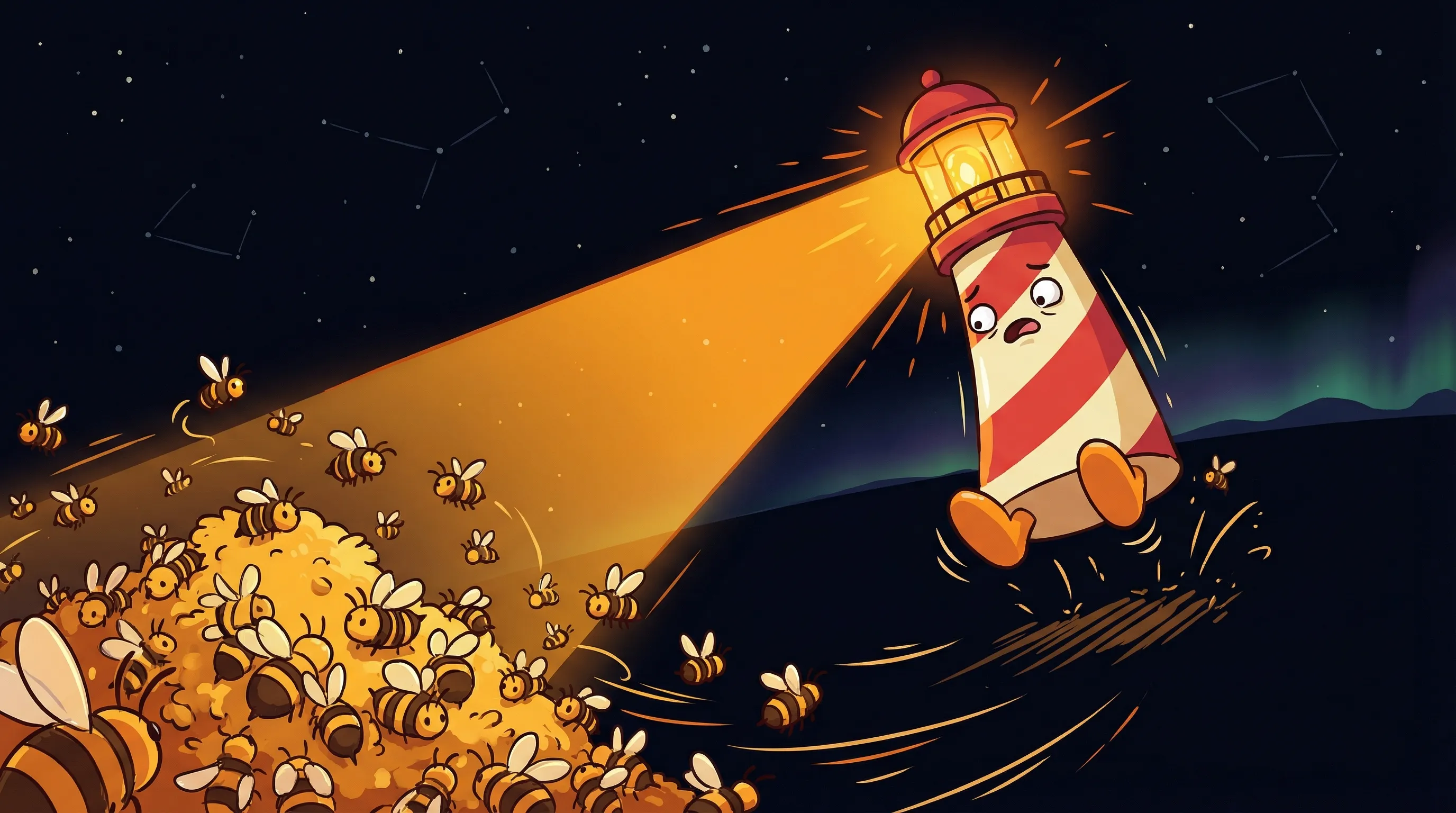 Beacon the lighthouse illuminating a rocket ship and AI neural network symbol on a dark navy background