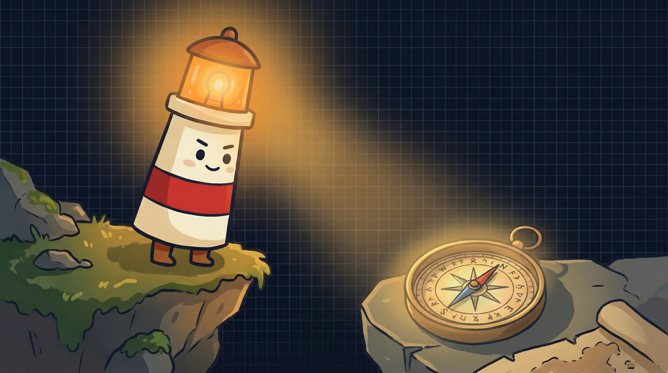 Beacon the lighthouse illuminating a glowing AI brain circuit, cream body with red stripe, amber light beaming down on dar...