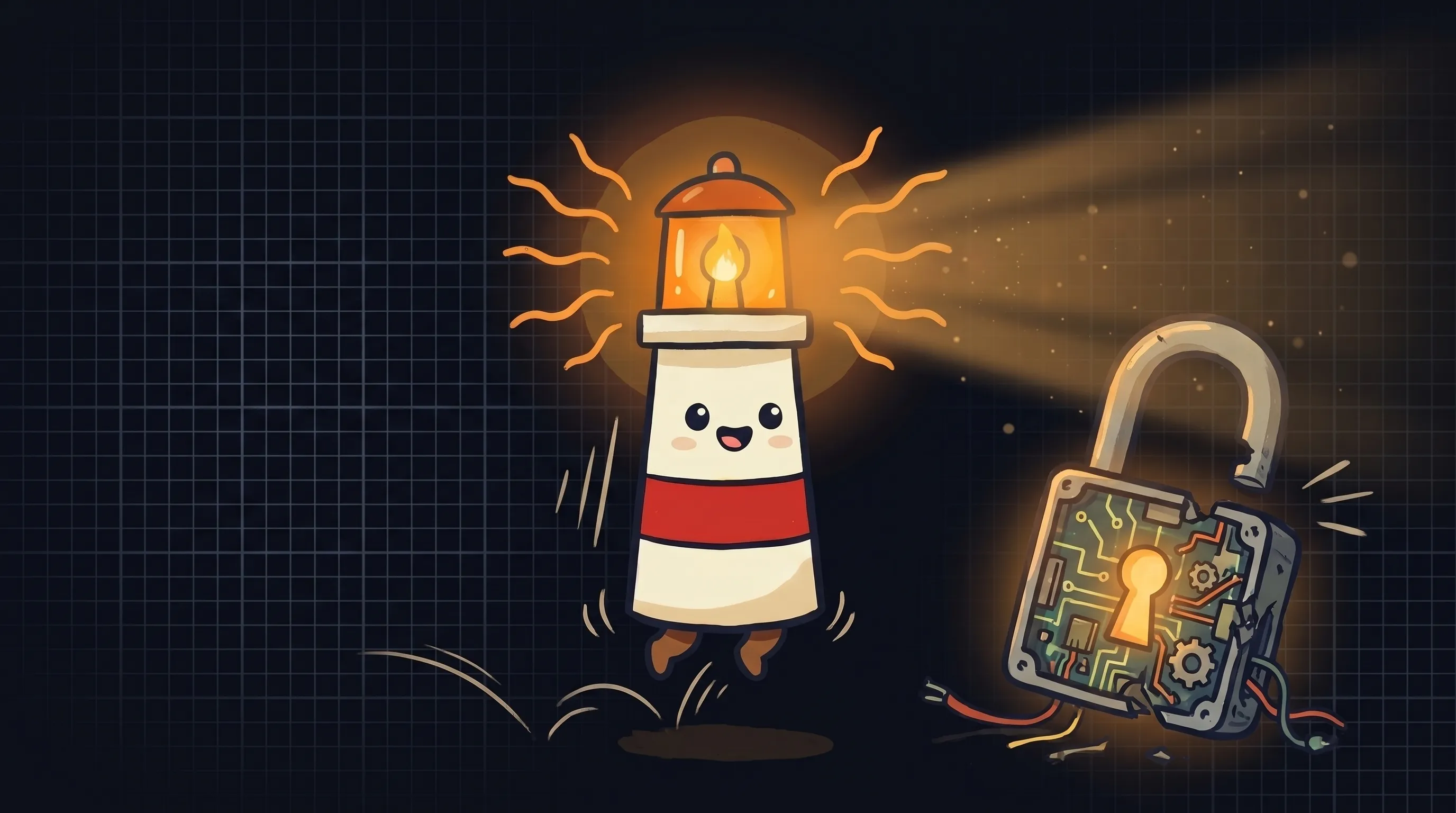 Beacon the lighthouse illuminating a robot figure, symbolizing AI agents bypassing traditional human identity systems.