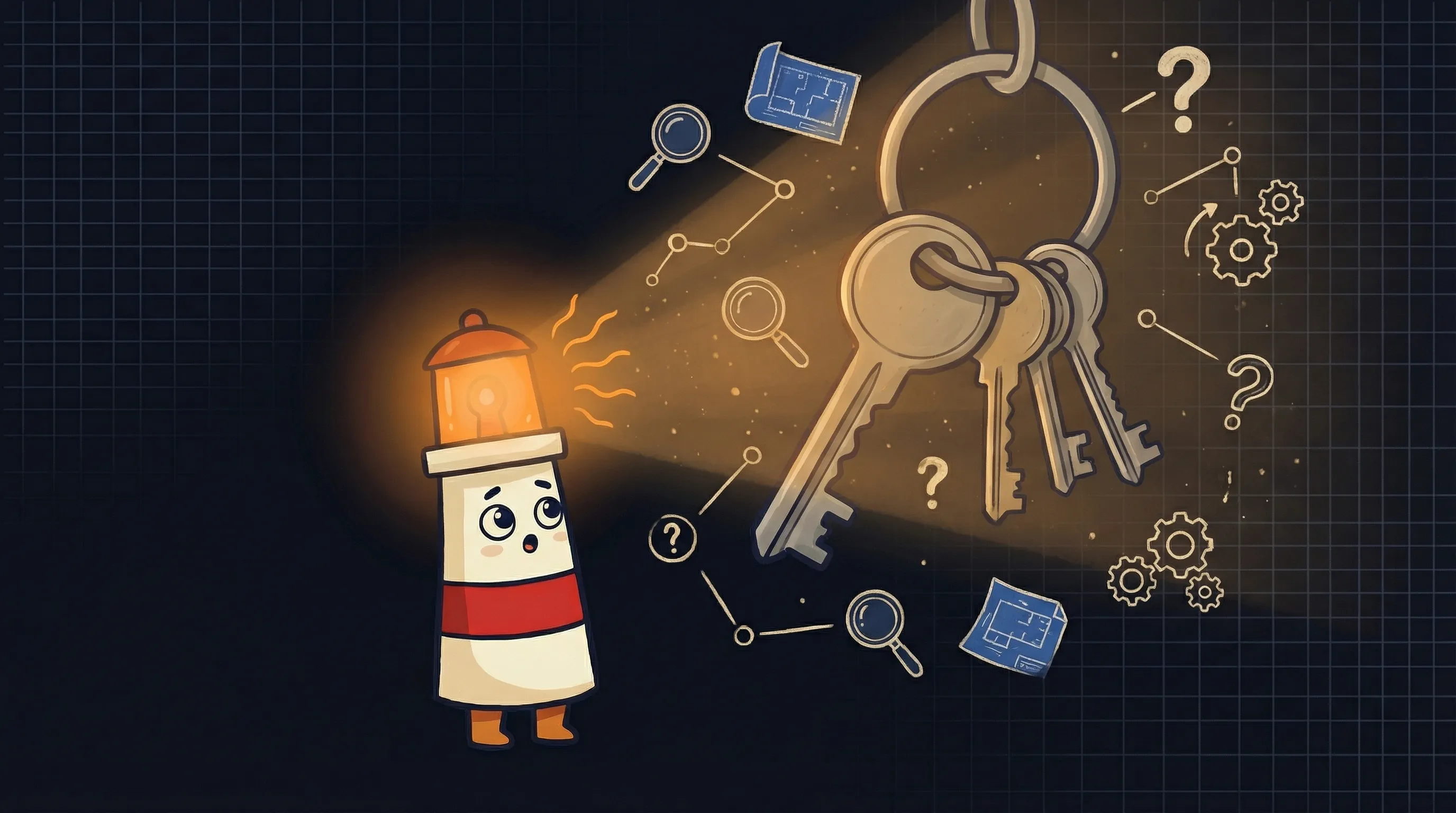 Beacon the lighthouse illuminating a tangled web of access keys and security credentials on a dark navy background.