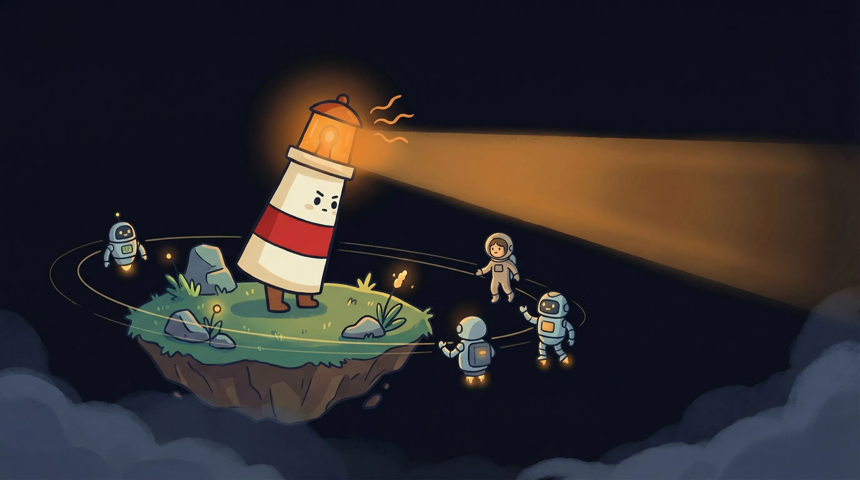 Beacon the lighthouse character shining light on a tiny solo developer's desk with AI agent icons floating above.