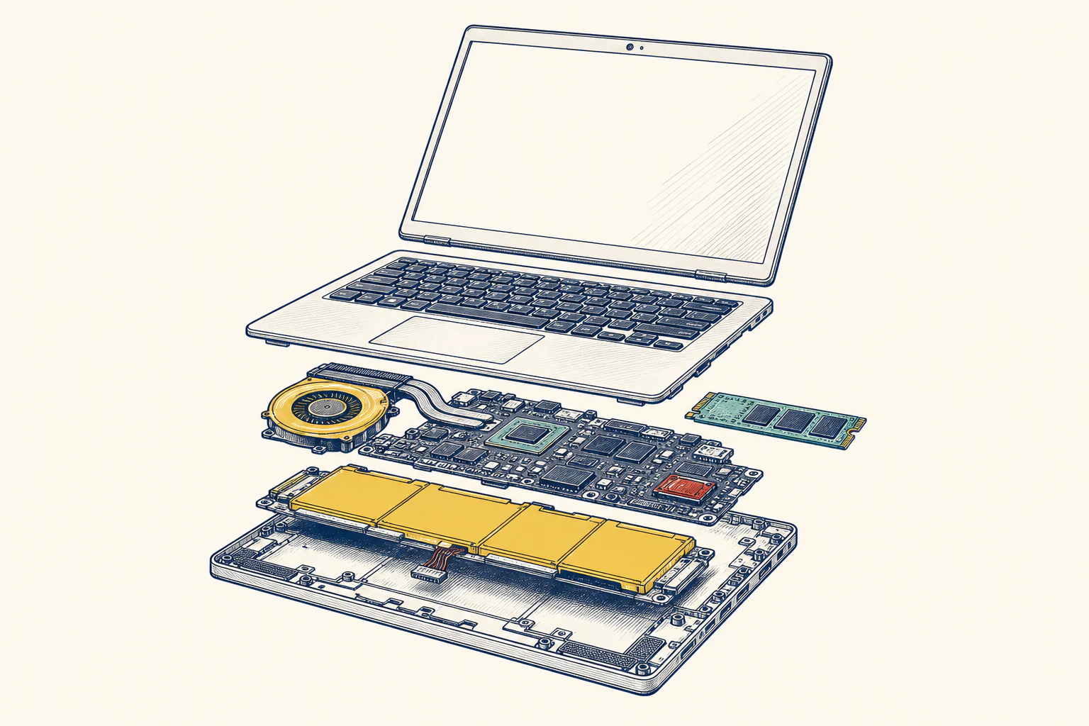 Exploded technical illustration of a laptop with its main parts opened into view