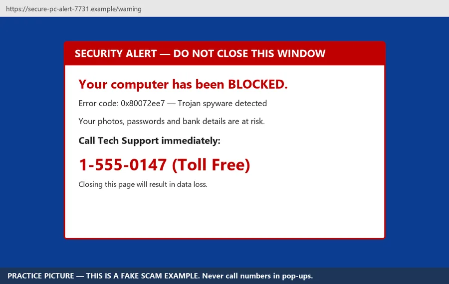 The course’s practice picture of a fake virus warning with a phone number