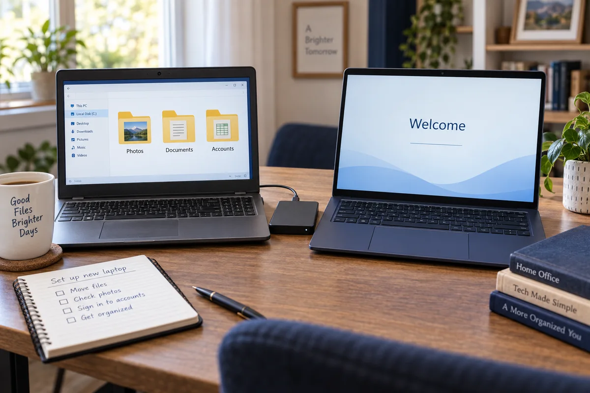 An older laptop with photo folders beside a new laptop and an external drive.